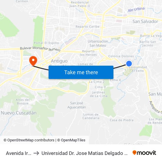 Avenida Irazu to Universidad Dr. Jose Matias Delgado Campus I map