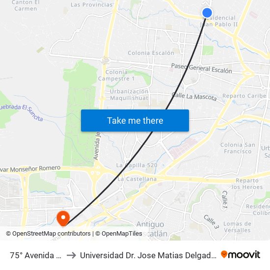 75° Avenida Norte to Universidad Dr. Jose Matias Delgado Campus I map