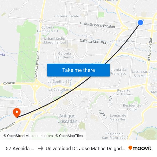 57 Avenida Norte to Universidad Dr. Jose Matias Delgado Campus I map