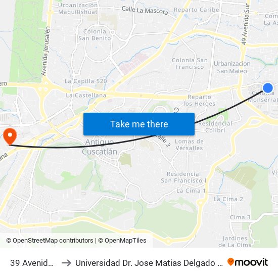 39 Avenida Sur to Universidad Dr. Jose Matias Delgado Campus I map