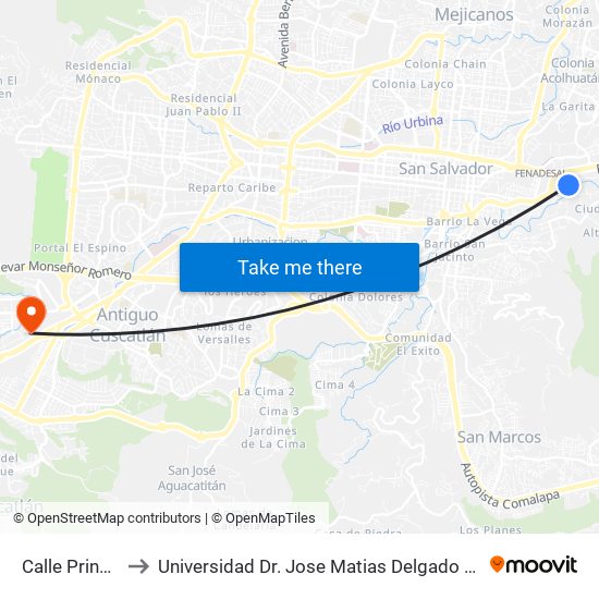 Calle Principal to Universidad Dr. Jose Matias Delgado Campus I map