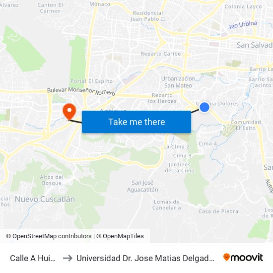 Calle A Huizucar to Universidad Dr. Jose Matias Delgado Campus I map