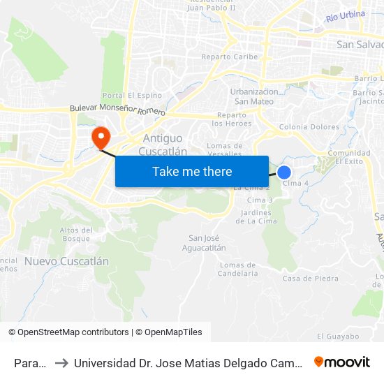 Parada to Universidad Dr. Jose Matias Delgado Campus I map