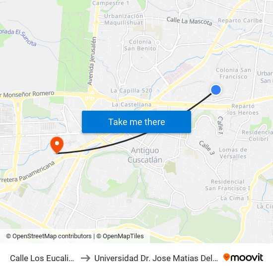 Calle Los Eucaliptos, 709 to Universidad Dr. Jose Matias Delgado Campus I map
