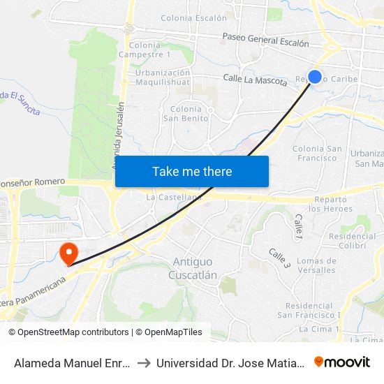 Alameda Manuel Enrique Araujo 211 to Universidad Dr. Jose Matias Delgado Campus I map