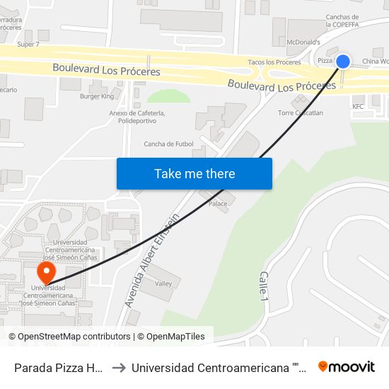 Parada Pizza Hut Proceres to Universidad Centroamericana ""José Simeon Cañas"" map