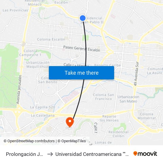 Prolongación Juan Pablo II to Universidad Centroamericana ""José Simeon Cañas"" map