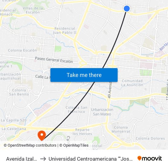 Avenida Izalco, 17a to Universidad Centroamericana ""José Simeon Cañas"" map