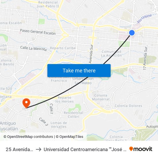 25 Avenida Norte to Universidad Centroamericana ""José Simeon Cañas"" map