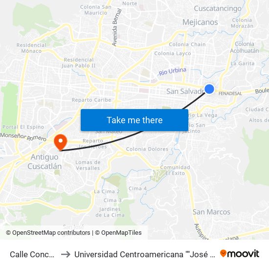 Calle Concepción to Universidad Centroamericana ""José Simeon Cañas"" map