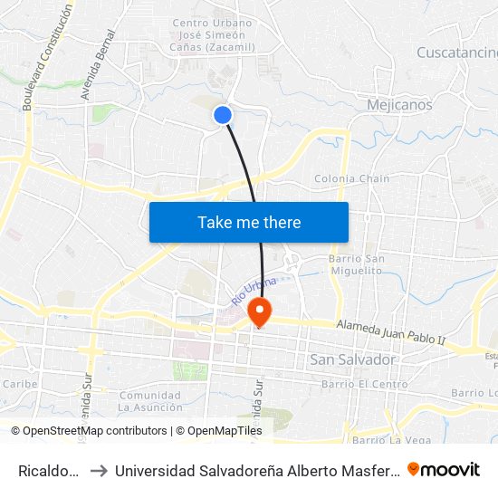 Ricaldone to Universidad Salvadoreña Alberto Masferrer map