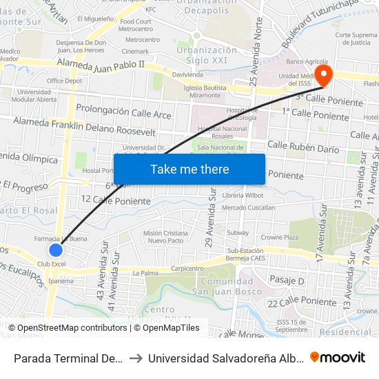 Parada Terminal De Occidente to Universidad Salvadoreña Alberto Masferrer map