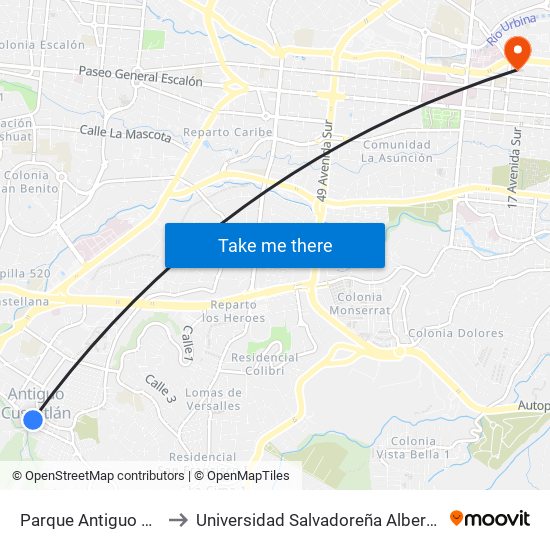 Parque Antiguo Cusctlán to Universidad Salvadoreña Alberto Masferrer map