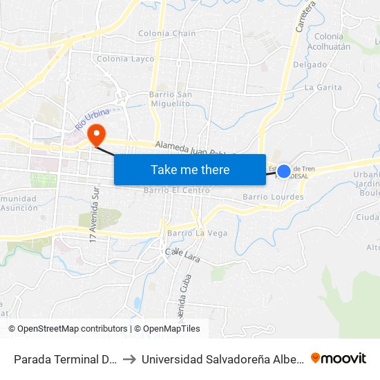 Parada Terminal De Oriente to Universidad Salvadoreña Alberto Masferrer map