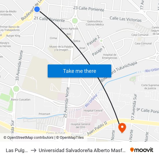 Las Pulgas to Universidad Salvadoreña Alberto Masferrer map