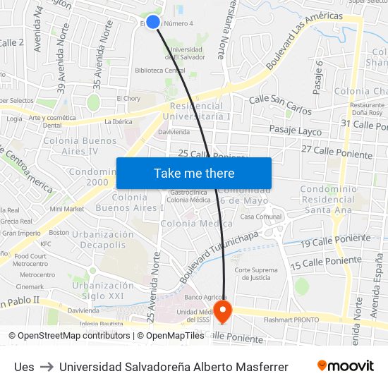 Ues to Universidad Salvadoreña Alberto Masferrer map