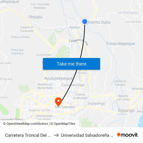 Carretera Troncal Del Norte - Teresas to Universidad Salvadoreña Alberto Masferrer map