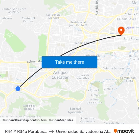 R44 Y R34a Parabus Plaza Malta to Universidad Salvadoreña Alberto Masferrer map