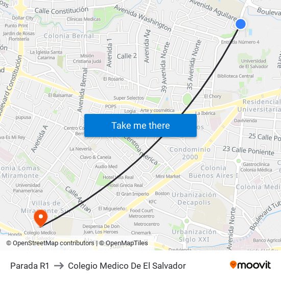 Parada R1 to Colegio Medico De El Salvador map