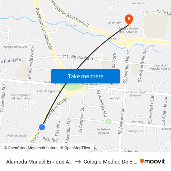 Alameda Manuel Enrique Araujo, 1066 to Colegio Medico De El Salvador map