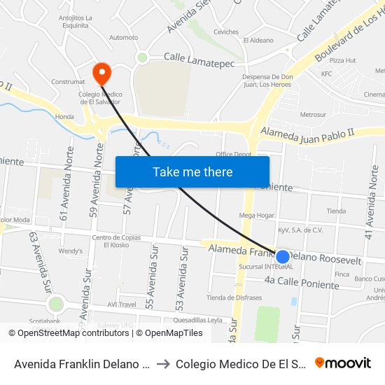 Avenida Franklin Delano Rsevelt to Colegio Medico De El Salvador map