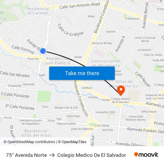 75° Avenida Norte to Colegio Medico De El Salvador map