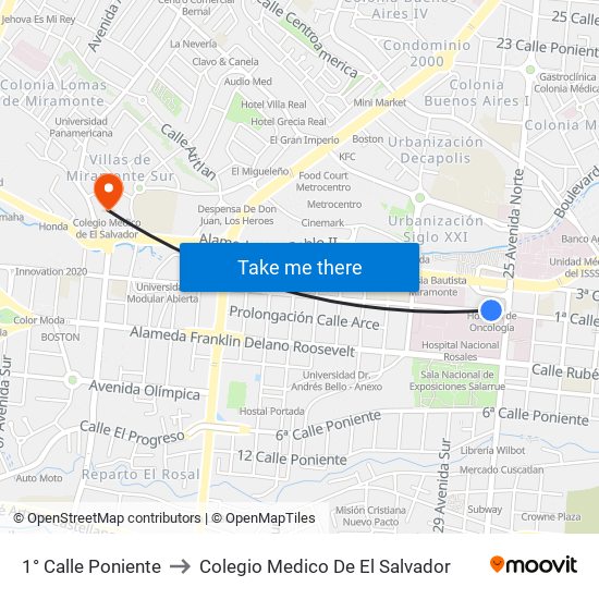 1° Calle Poniente to Colegio Medico De El Salvador map