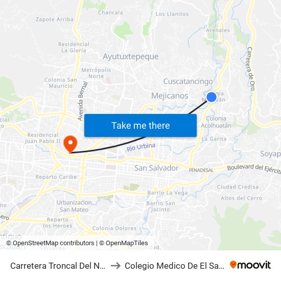 Carretera Troncal Del Norte 4 to Colegio Medico De El Salvador map