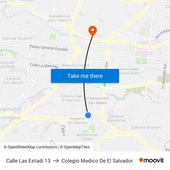 Calle Las Estadi 13 to Colegio Medico De El Salvador map