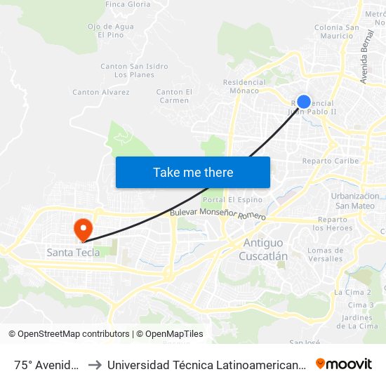 75° Avenida Norte to Universidad Técnica Latinoamericana Edificio A-B-C-D map