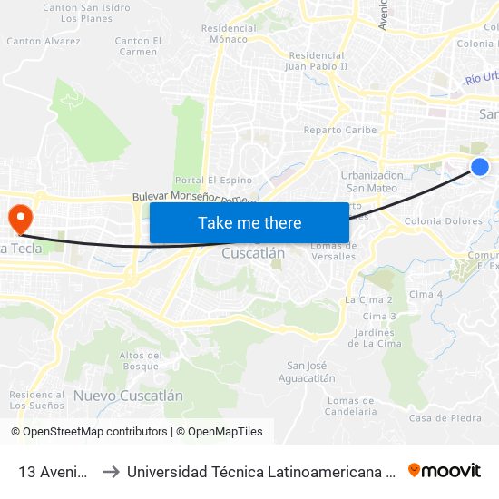 13 Avenida Sur to Universidad Técnica Latinoamericana Edificio A-B-C-D map