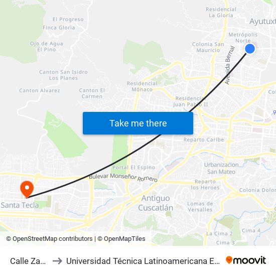 Calle Zacamil to Universidad Técnica Latinoamericana Edificio A-B-C-D map