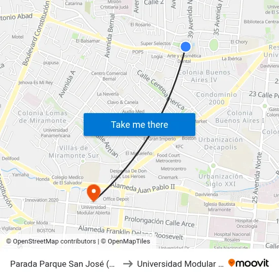 Parada Parque San José (Cristobal) to Universidad Modular Abierta map
