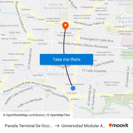 Parada Terminal De Occidente to Universidad Modular Abierta map