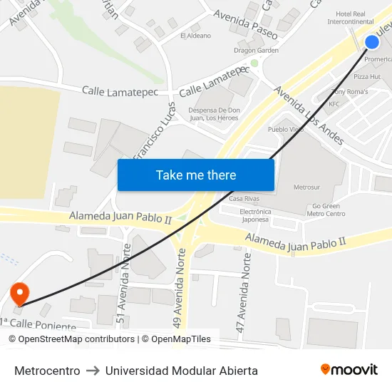 Metrocentro to Universidad Modular Abierta map