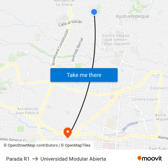 Parada R1 to Universidad Modular Abierta map