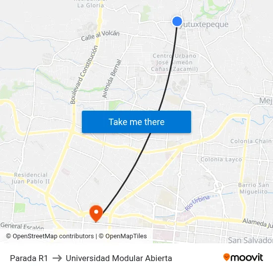 Parada R1 to Universidad Modular Abierta map