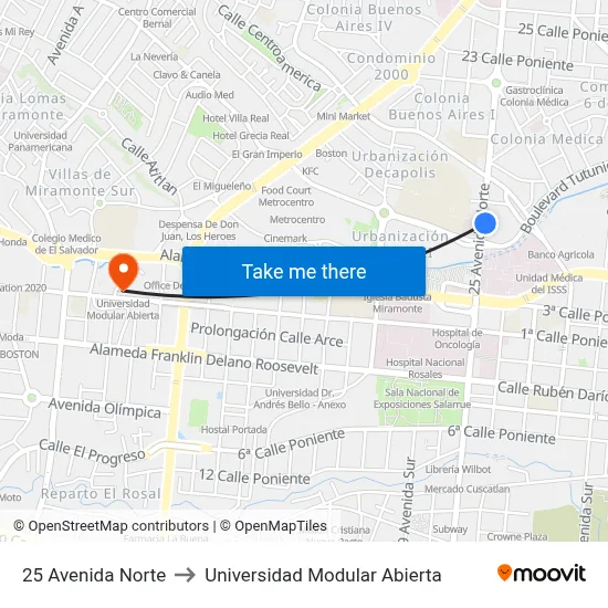 25 Avenida Norte to Universidad Modular Abierta map