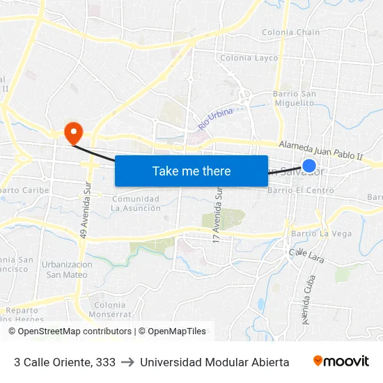 3 Calle Oriente, 333 to Universidad Modular Abierta map