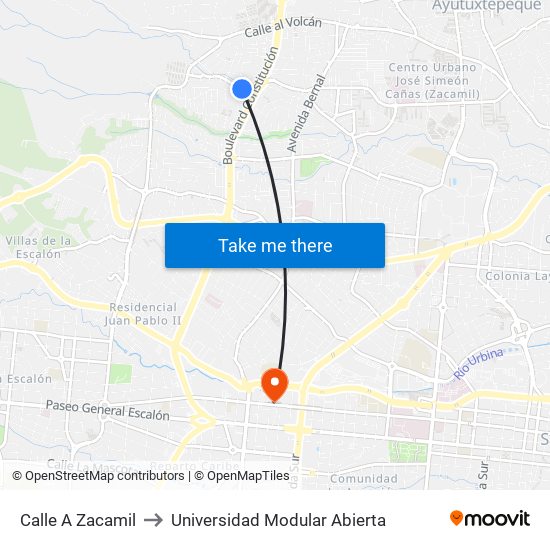 Calle A Zacamil to Universidad Modular Abierta map