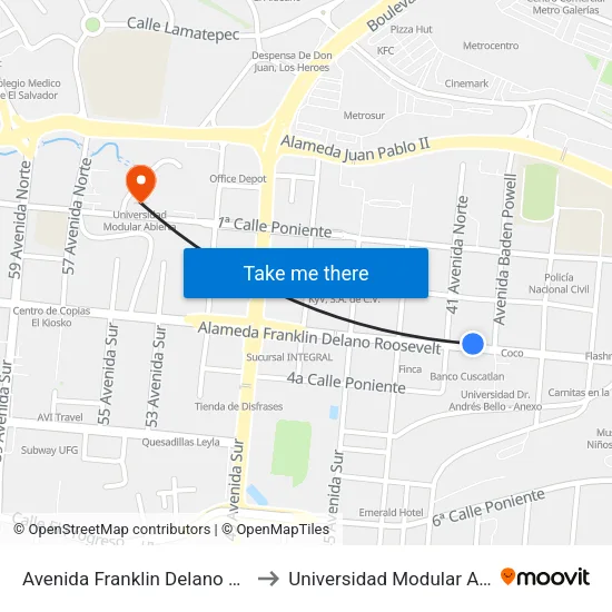 Avenida Franklin Delano Rsevelt to Universidad Modular Abierta map