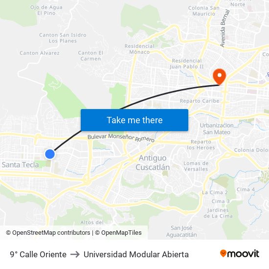 9° Calle Oriente to Universidad Modular Abierta map