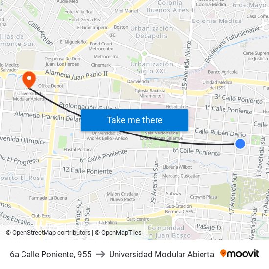 6a Calle Poniente, 955 to Universidad Modular Abierta map