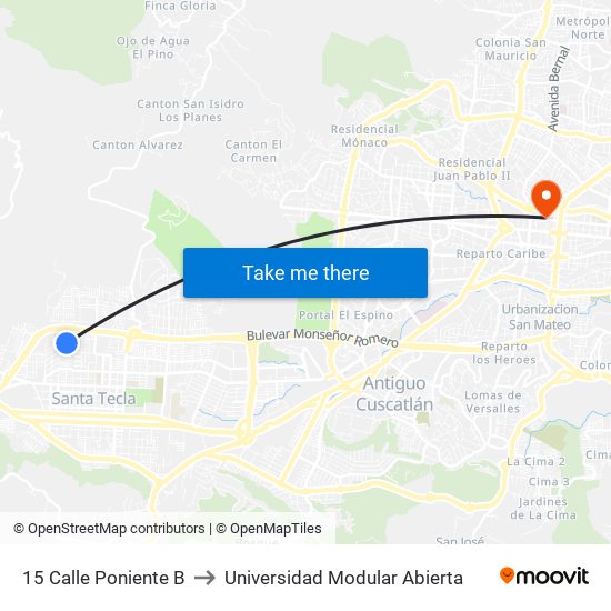 15 Calle Poniente B to Universidad Modular Abierta map