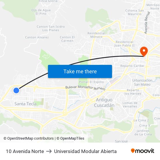 10 Avenida Norte to Universidad Modular Abierta map