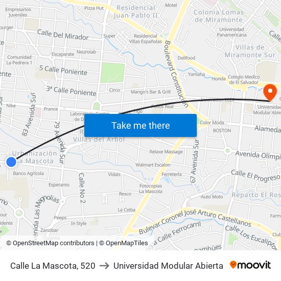 Calle La Mascota, 520 to Universidad Modular Abierta map