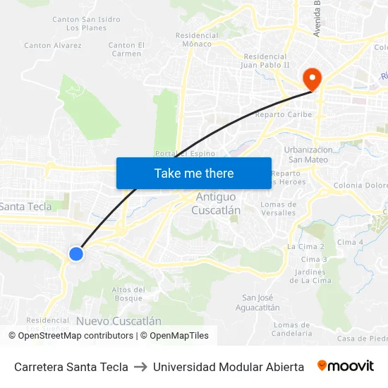 Carretera Santa Tecla to Universidad Modular Abierta map