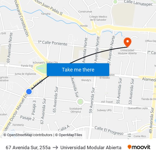 67 Avenida Sur, 255a to Universidad Modular Abierta map