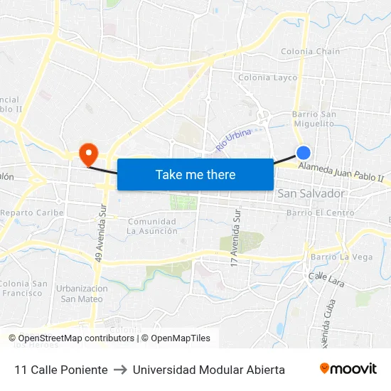 11 Calle Poniente to Universidad Modular Abierta map
