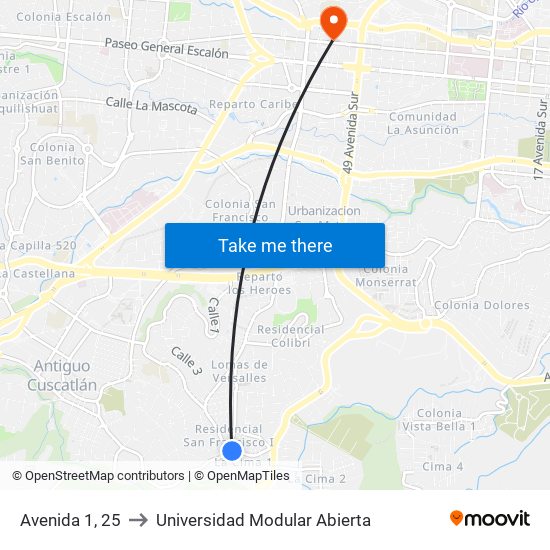 Avenida 1, 25 to Universidad Modular Abierta map